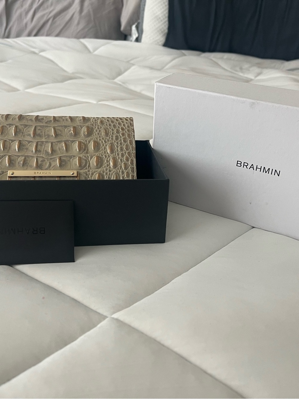 Brahmin Taupe Croc-Embossed Leather Card Holder with Gold Plate